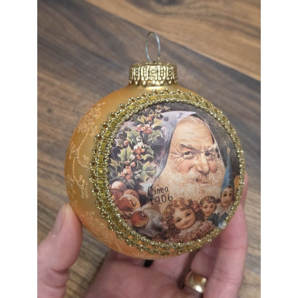 Vtg Germany Glass Christmas Ornament Santa Children Gold Ball 4” Hand Decorated